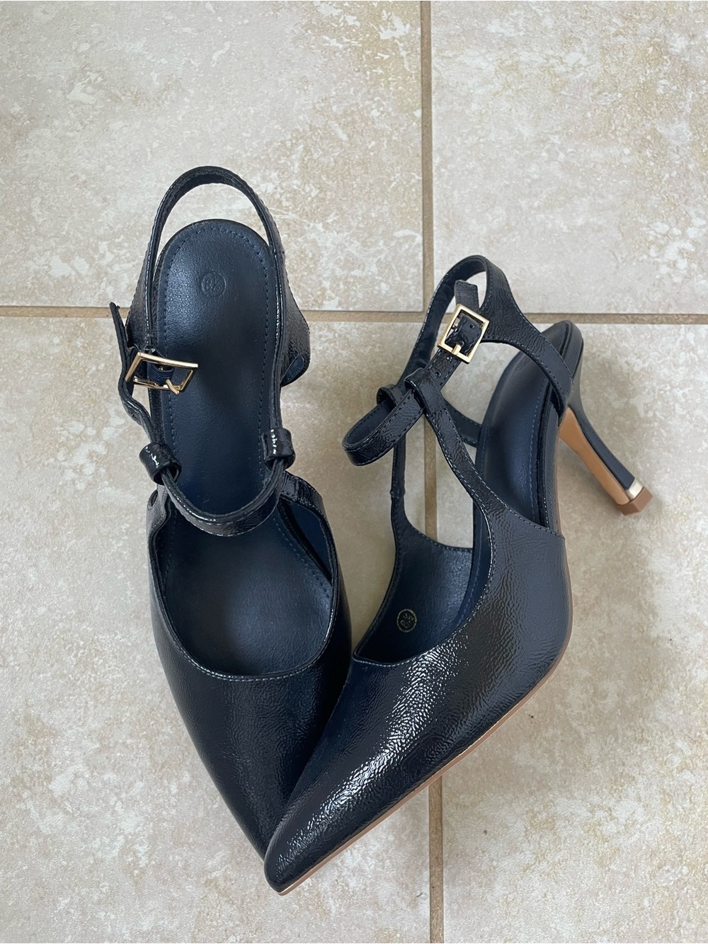 Women’s Black Pointed Slingback Heels with Gold Buckle